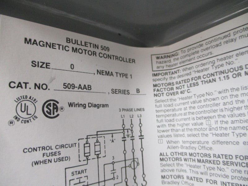 ALLEN BRADLEY 509-AAB SER. B (MISSING STARTER) NSNP