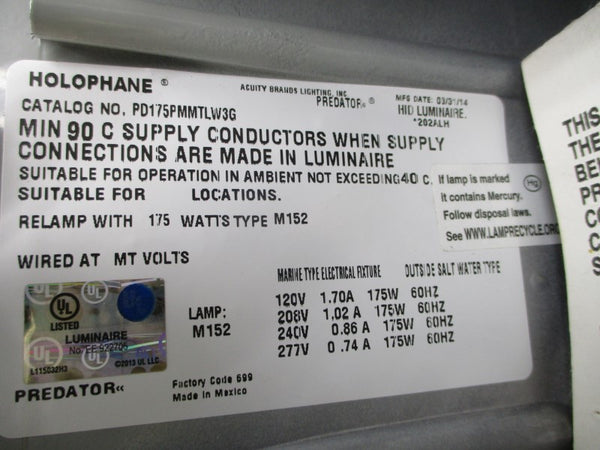 HOLOPHANE PD175PMMTLW3G 277V 1.70A NSNP