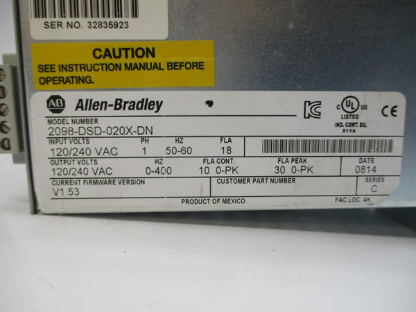 ALLEN BRADLEY 2098-DSD-020X-DN SER. C F/W V1.53 120-240VAC 18A NSNP