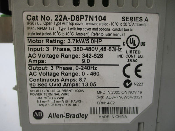 ALLEN BRADLEY 22A-D8P7N104 SER. A F/W 4.02 380-480VAC 9.0A (AS PICTURED) UNMP
