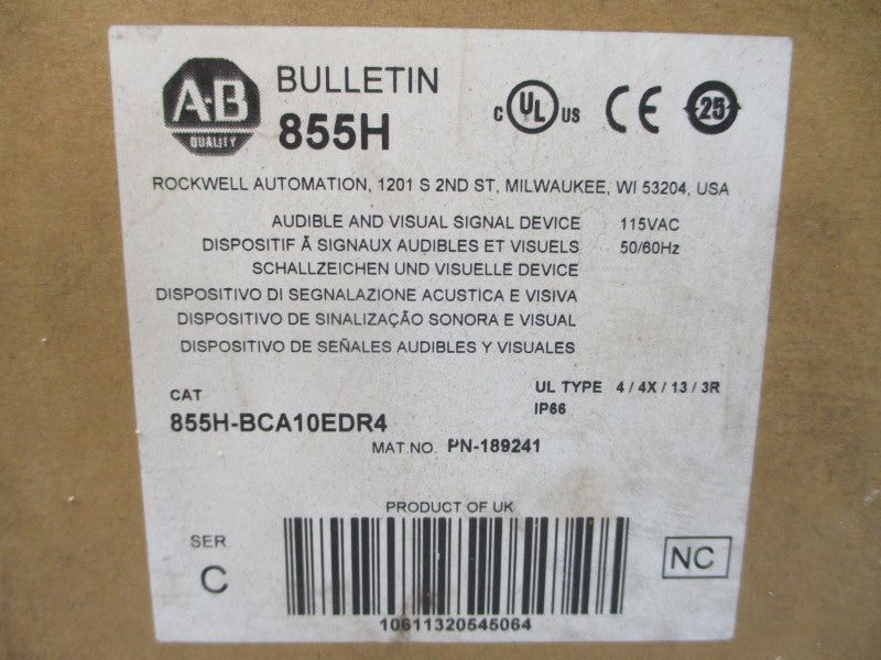 ALLEN BRADLEY 855H-BCA10EDR4 SER. C 115VAC (BR/WH) NSMP
