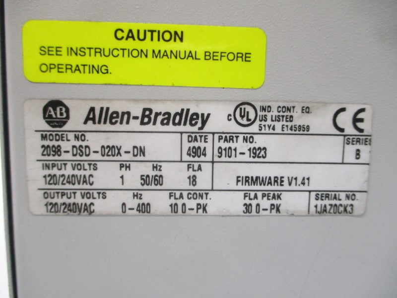 ALLEN BRADLEY 2098-DSD-020X-DN SER. B F/W V1.41 120/240VAC 18A UNMP