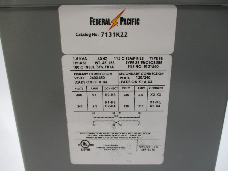 FEDERAL PACIFIC 7131K22 240/480V 3.1/6.3A (AS PICTURED) NSNP