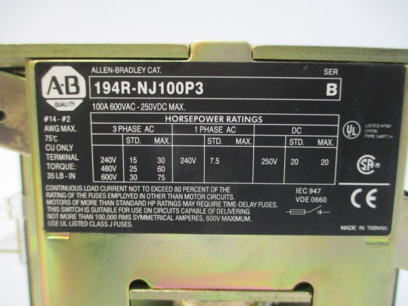ALLEN BRADLEY 194R-NJ100P3 SER. B 600VAC 100A (BR/YL) NSMP