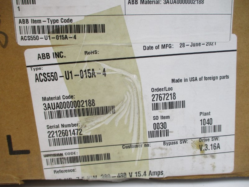ABB ACS550-U1-015A-4 3AUA0000002188 380-480VAC 15.4A NSMP