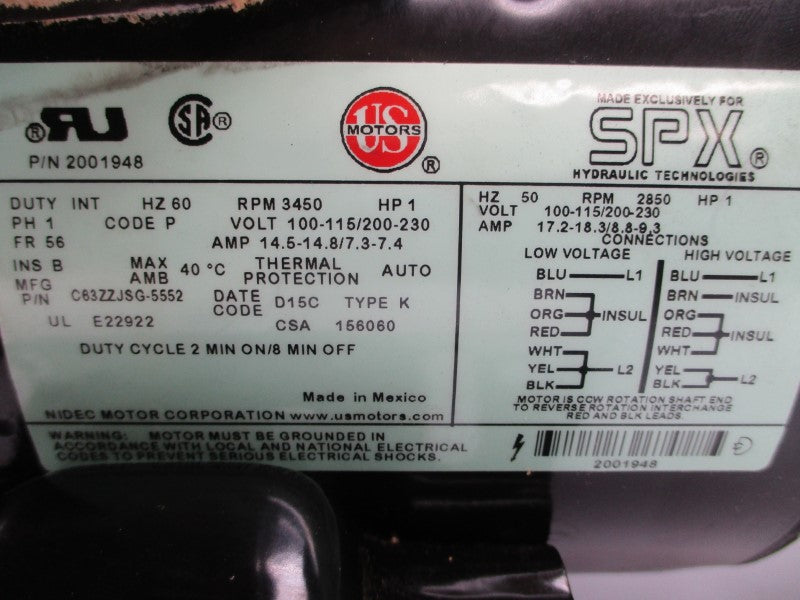 US MOTORS C63ZZJSG-5552 2001948 16966 230V 14.5A 1000PSI NSNP