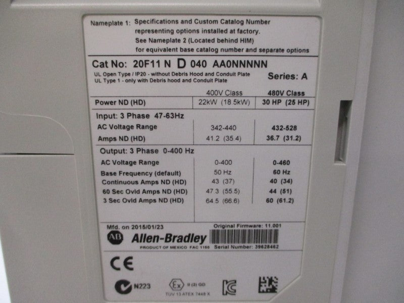 ALLEN BRADLEY 20F11ND040AA0NNNNN SER. A F/W 11.001 480VAC 40A NSMP