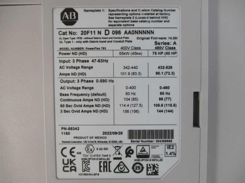 ALLEN BRADLEY 20F11ND096AA0NNNNN SER. A F/W 14.005 480VAC 96A NSMP