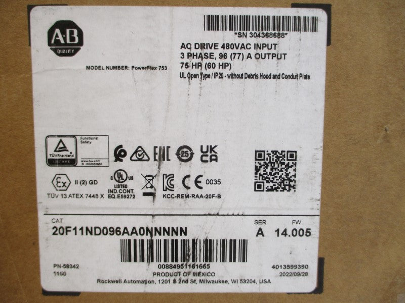 ALLEN BRADLEY 20F11ND096AA0NNNNN SER. A F/W 14.005 480VAC 96A NSMP