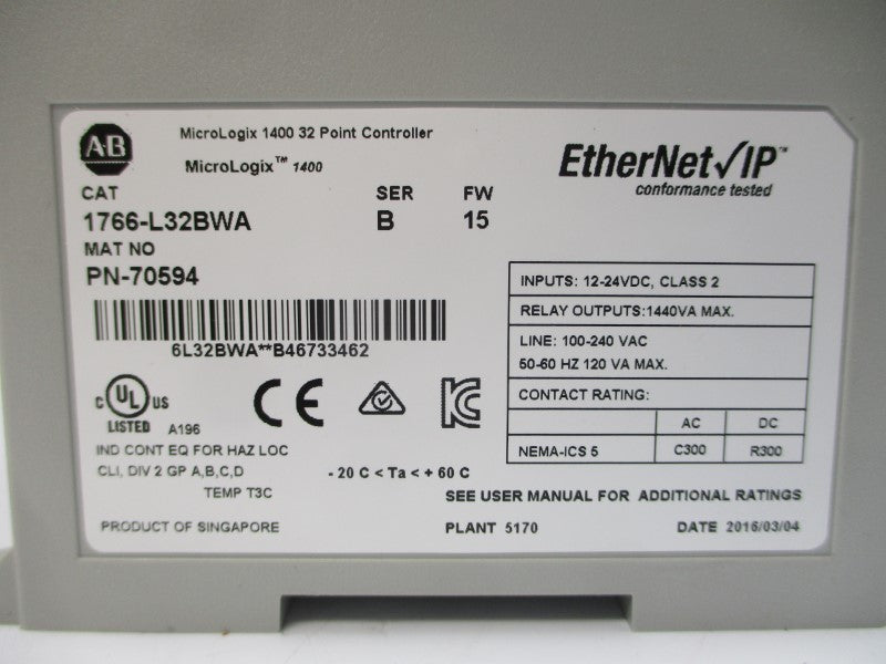 ALLEN BRADLEY 1766-L32BWA SER. B F/W 15 100-240VAC NSMP