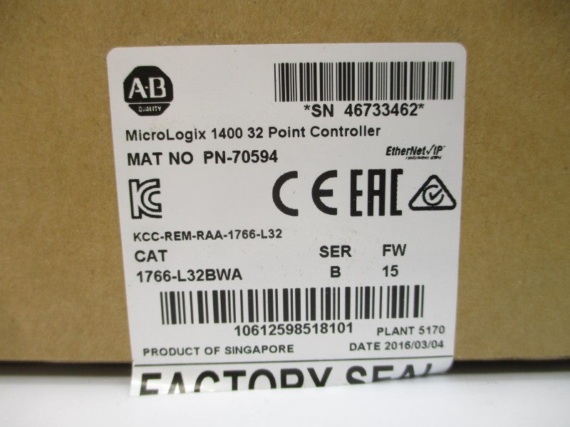 ALLEN BRADLEY 1766-L32BWA SER. B F/W 15 100-240VAC NSMP