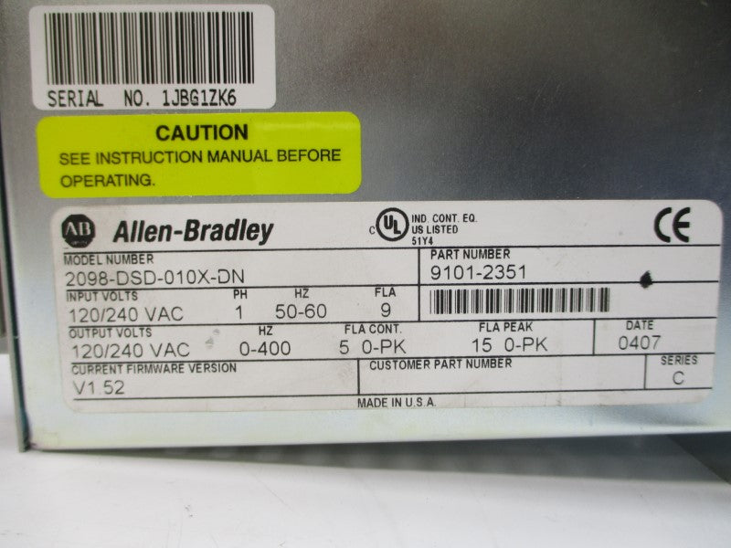 ALLEN BRADLEY 2098-DSD-010X-DN SER. C F/W V1.52 120/240VAC 15A NSMP