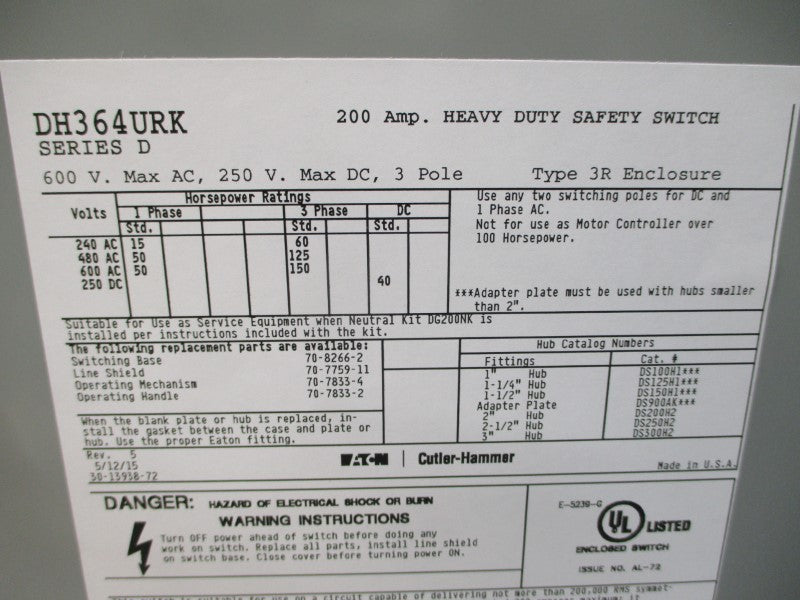 EATON DH364URK SER. D 600VAC 200A NSMP