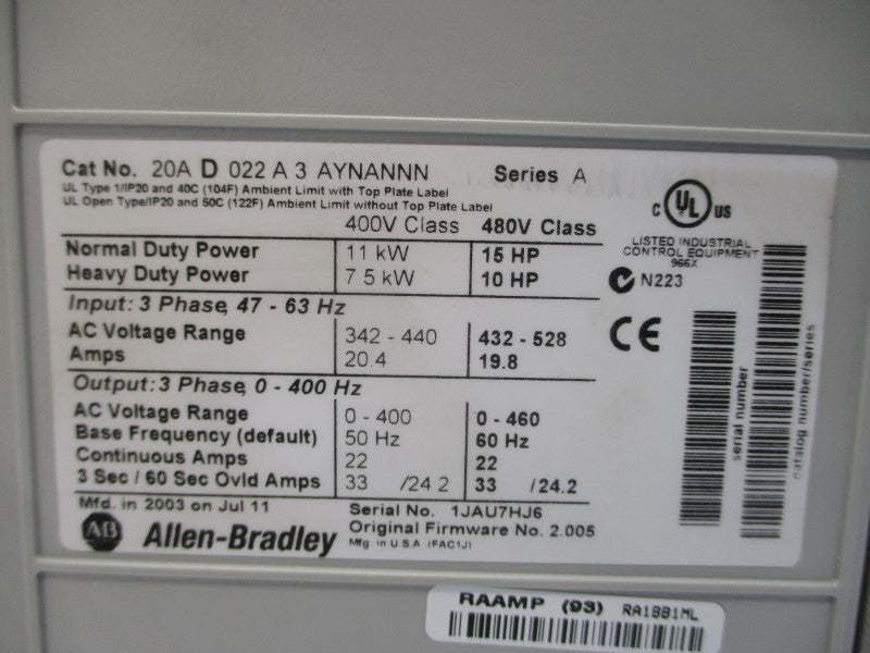 ALLEN BRADLEY 20AD022A3AYNANNN SER. A F/W 2.005 480VAC 22A NSMP