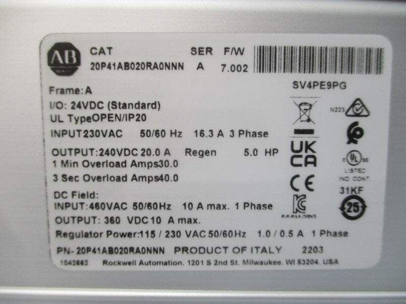 ALLEN BRADLEY 20P41AB020RA0NNN SER. A F/W 7.002 230VAC 16.3A NSMP