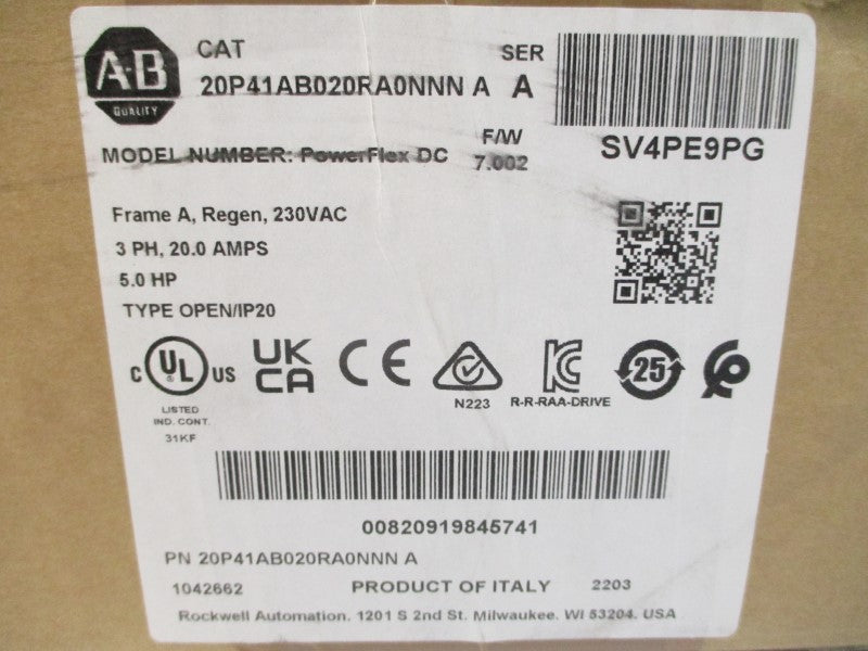 ALLEN BRADLEY 20P41AB020RA0NNN SER. A F/W 7.002 230VAC 16.3A NSMP
