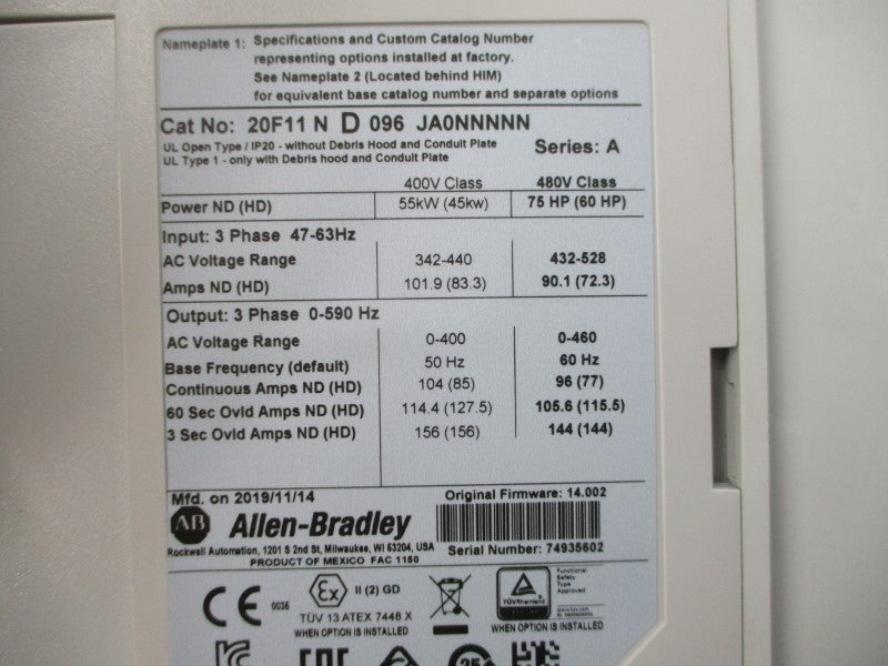 ALLEN BRADLEY 20F11ND096JA0NNNNN SER. A F/W 14.002 480VAC 96A NSMP