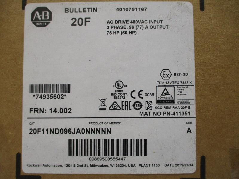 ALLEN BRADLEY 20F11ND096JA0NNNNN SER. A F/W 14.002 480VAC 96A NSMP