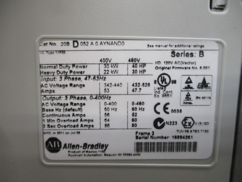 ALLEN BRADLEY 20BD052A0AYNAND0 SER. B F/W 9.001 480VAC 52A NSMP