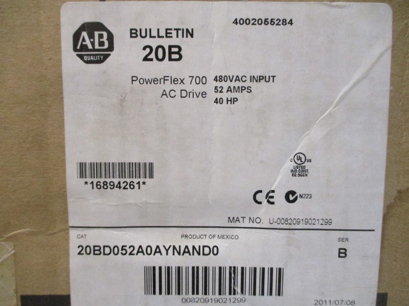 ALLEN BRADLEY 20BD052A0AYNAND0 SER. B F/W 9.001 480VAC 52A NSMP