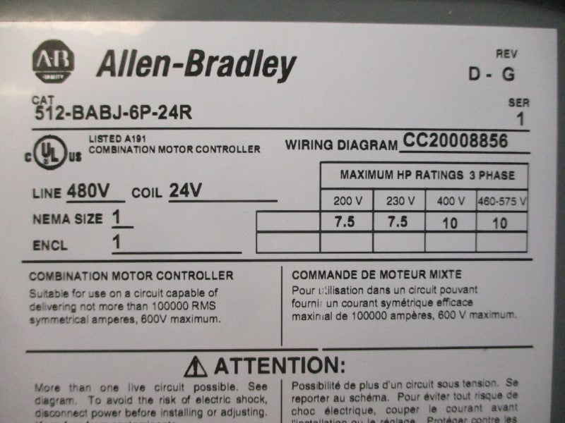ALLEN BRADLEY 512-BABJ-6P-24R SER. 1 24V 27A REV. D-G NUPI