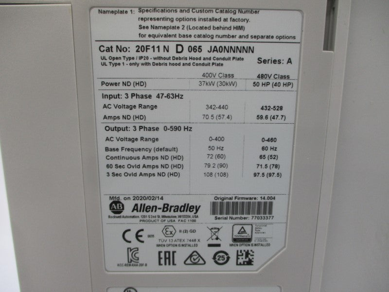 ALLEN BRADLEY 20F11ND065JA0NNNNN SER. A F/W 14.004 432-528VAC 59.6/47.7A NSMP