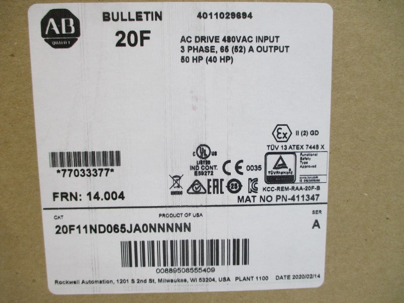 ALLEN BRADLEY 20F11ND065JA0NNNNN SER. A F/W 14.004 432-528VAC 59.6/47.7A NSMP