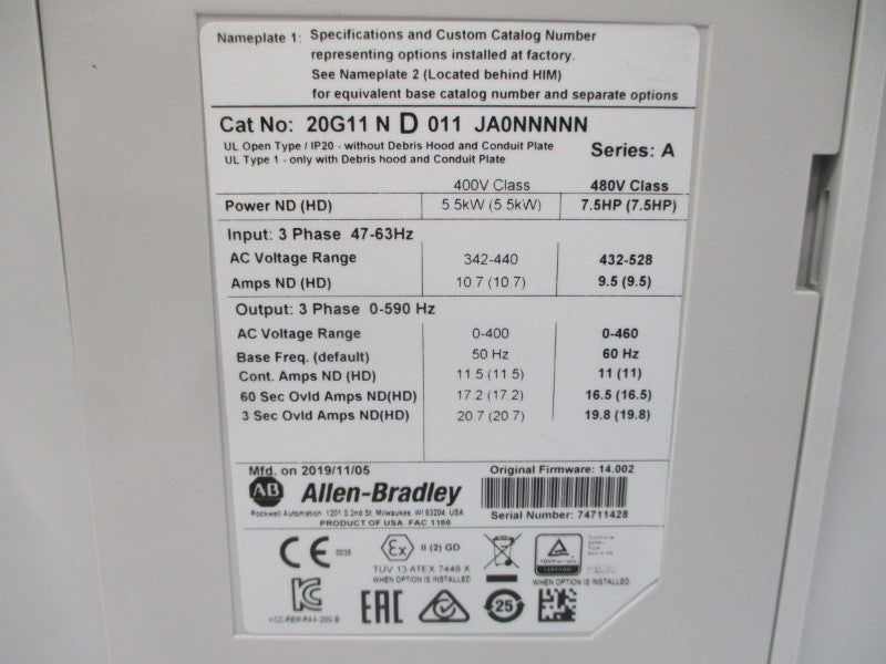 ALLEN BRADLEY 20G11ND011JA0NNNNN SER. A F/W 14.002 480VAC 16.5A NSMP