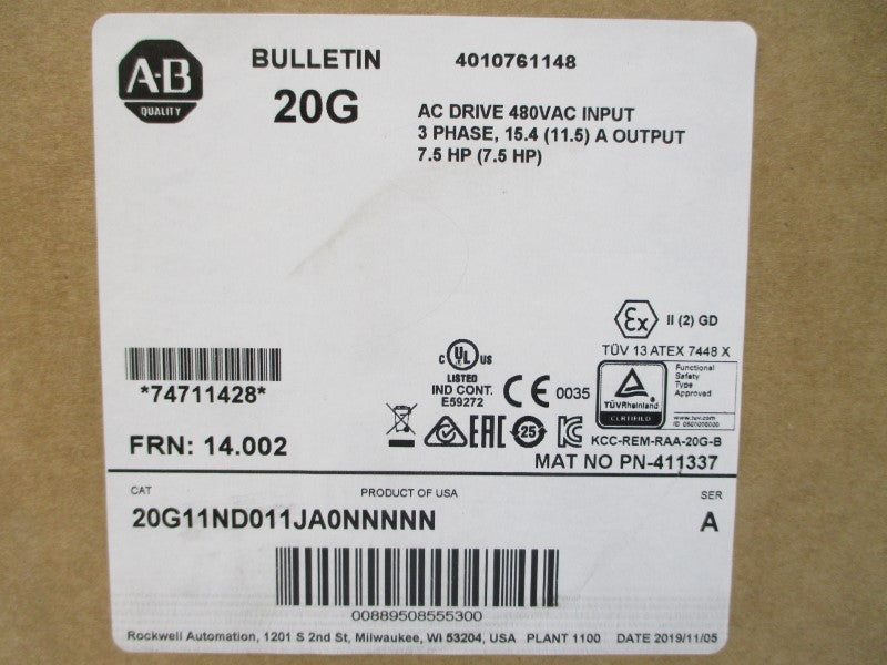 ALLEN BRADLEY 20G11ND011JA0NNNNN SER. A F/W 14.002 480VAC 16.5A NSMP