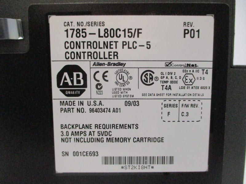 ALLEN BRADLEY 1785-L80C15 SER. F F/W C.3 5VDC 3.0A REV. P01 UNMP