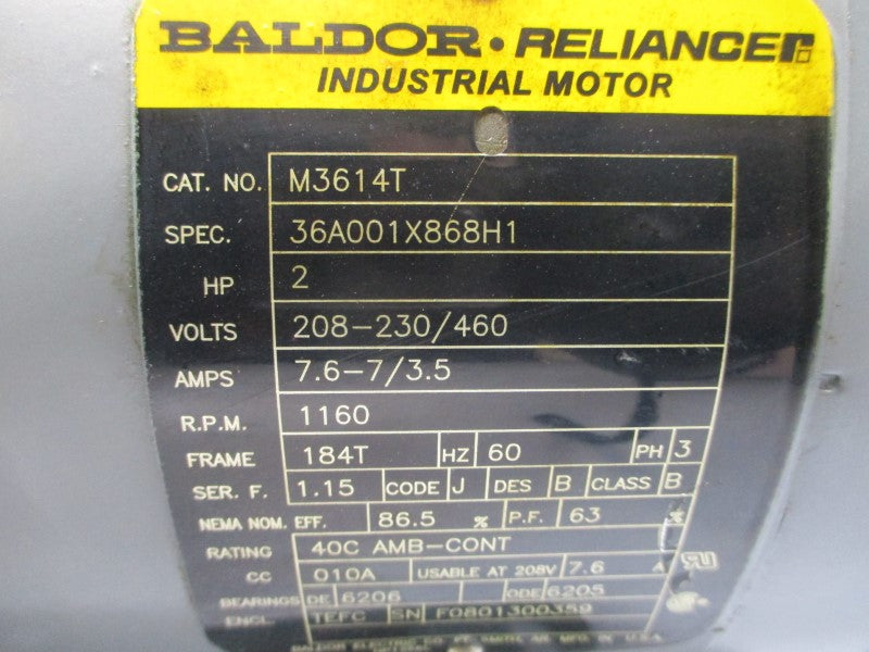 BALDOR M3614T 36A001X868H1 208-230/460V 7.6-7/3.5A NSNP