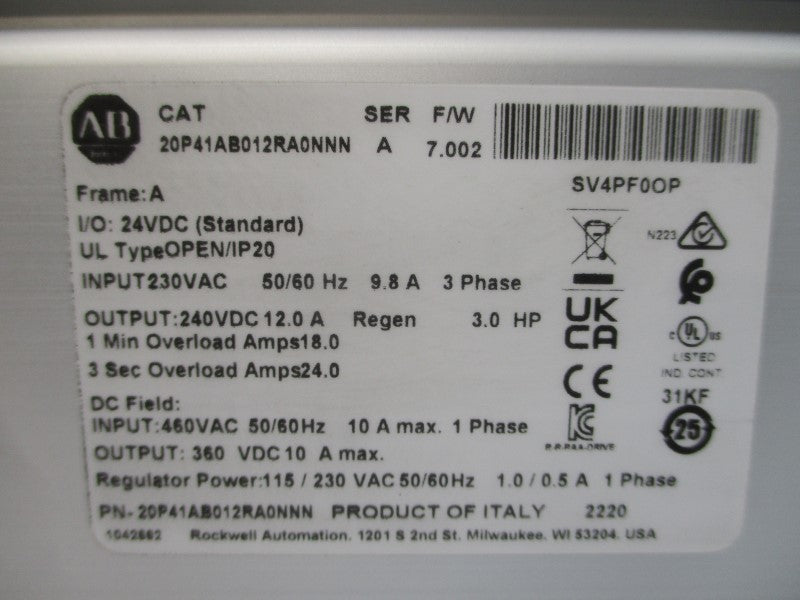 ALLEN BRADLEY 20P41AB012RA0NNN SER. A F/W 7.002 230VAC 9.8A NSMP