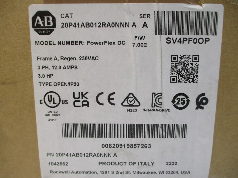 ALLEN BRADLEY 20P41AB012RA0NNN SER. A F/W 7.002 230VAC 9.8A NSMP