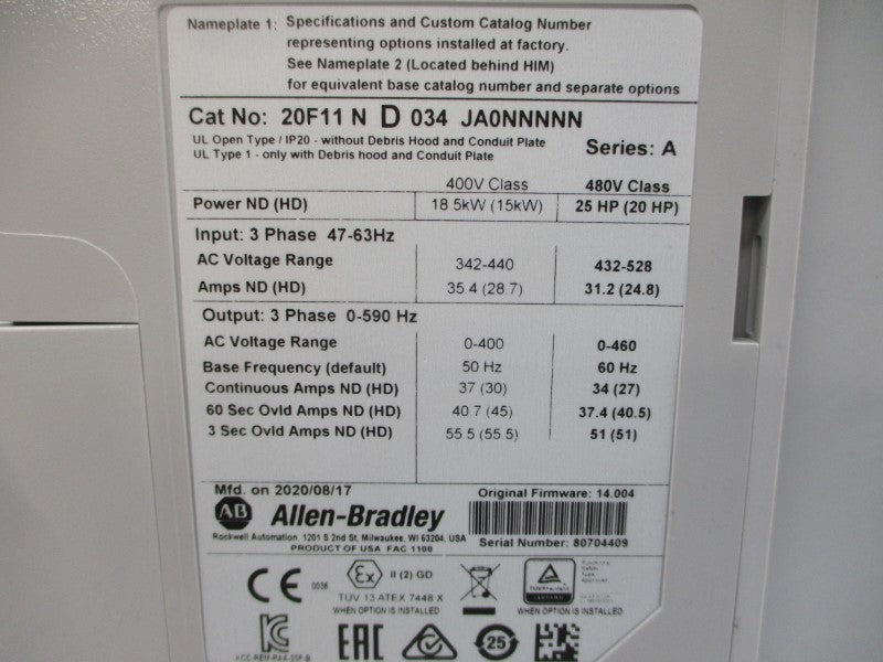 ALLEN BRADLEY 20F11ND034JA0NNNNN SER. A F/W 14.004 480VAC 34A NSMP