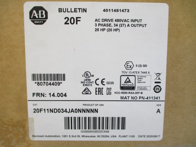 ALLEN BRADLEY 20F11ND034JA0NNNNN SER. A F/W 14.004 480VAC 34A NSMP