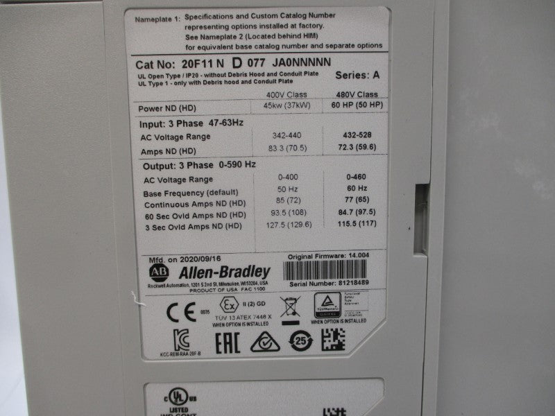 ALLEN BRADLEY 20F11ND077JA0NNNNN SER. A F/W 14.004 480VAC 77A NSMP