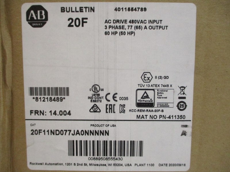 ALLEN BRADLEY 20F11ND077JA0NNNNN SER. A F/W 14.004 480VAC 77A NSMP