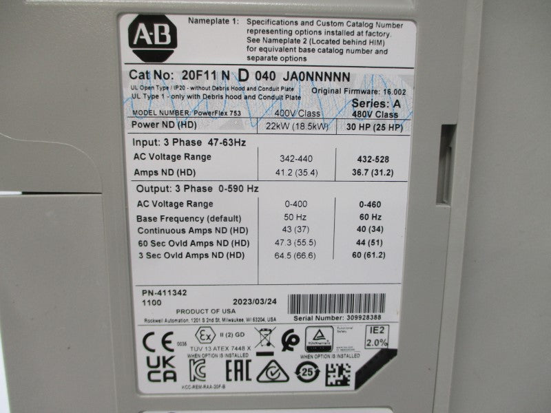 ALLEN BRADLEY 20F11ND040JA0NNNNN SER. A F/W 16.002 480VAC 40A NSMP