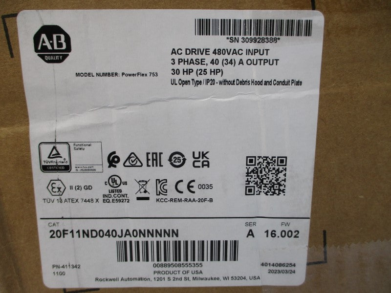 ALLEN BRADLEY 20F11ND040JA0NNNNN SER. A F/W 16.002 480VAC 40A NSMP