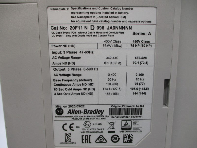 ALLEN BRADLEY 20F11ND096JA0NNNNN SER. A F/W 14.004 480VAC 96A NSMP