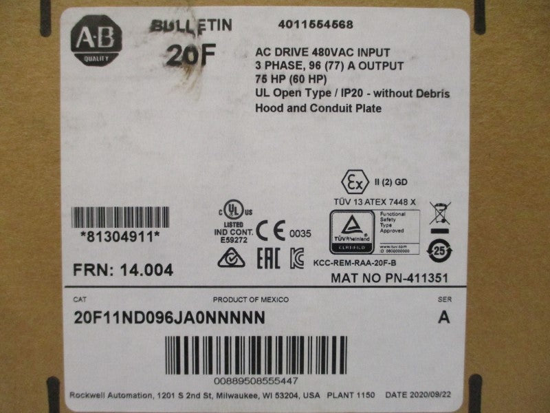 ALLEN BRADLEY 20F11ND096JA0NNNNN SER. A F/W 14.004 480VAC 96A NSMP