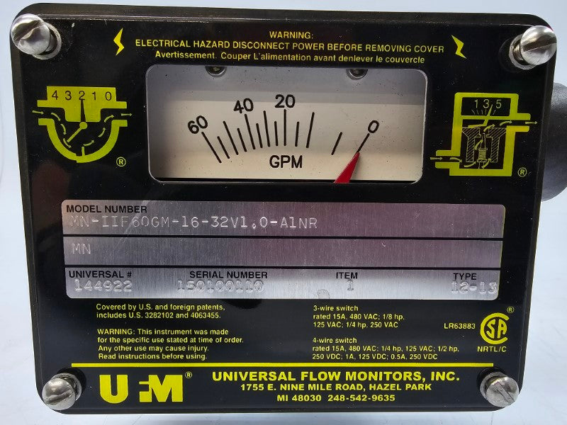 UNIVERSAL FLOW MONITORS MN-IIF60GM-16-32V1.0-A1NR 480VAC 15A NSNP