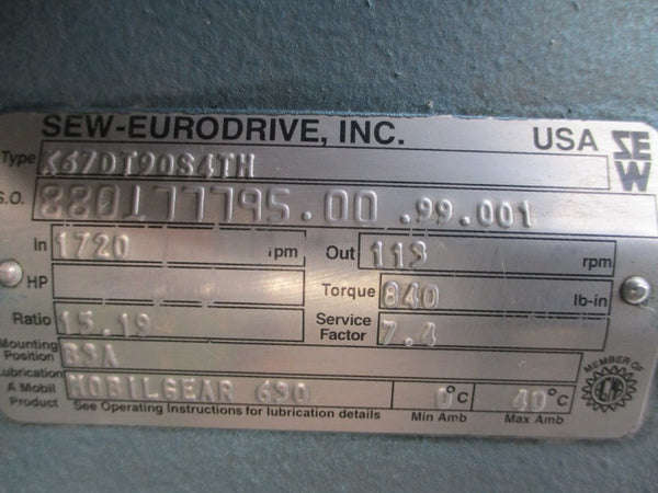 SEW-EURODRIVE K67DT90S4TH DFT90S4TH 230/460V 4.80/2.40A NSNP