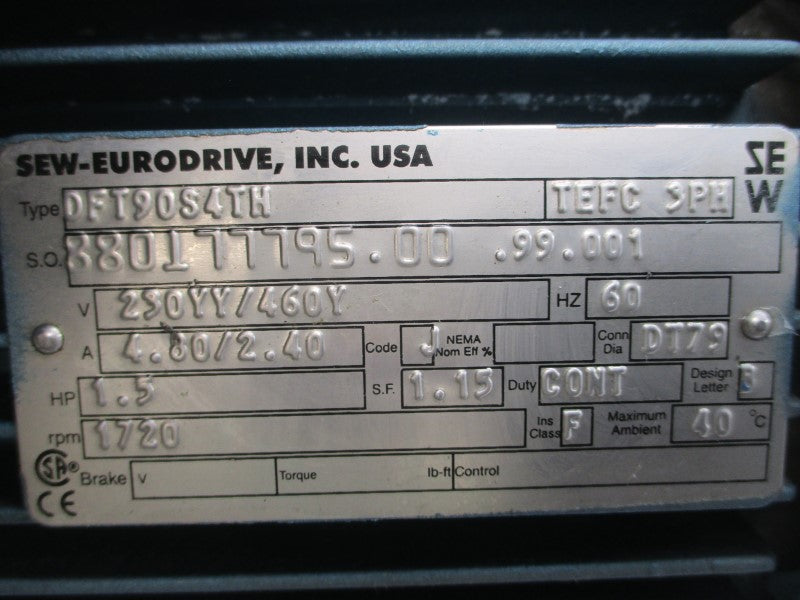 SEW-EURODRIVE K67DT90S4TH DFT90S4TH 230/460V 4.80/2.40A NSNP