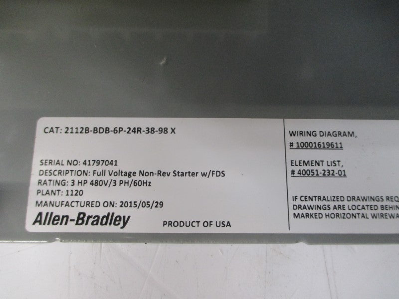 ALLEN BRADLEY 2112B-BDB-6P-24R-38-98 SER. X 480V 27A (AS PICTURED) NSNP