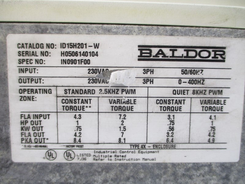 BALDOR ID15H201-W IN0901F00 230VAC 4.3/7.2A UNMP