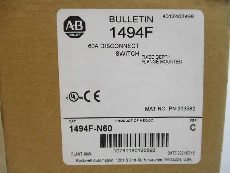 ALLEN BRADLEY 1494F-N60 SER. C 600VAC 60A (BR/WH) NSMP