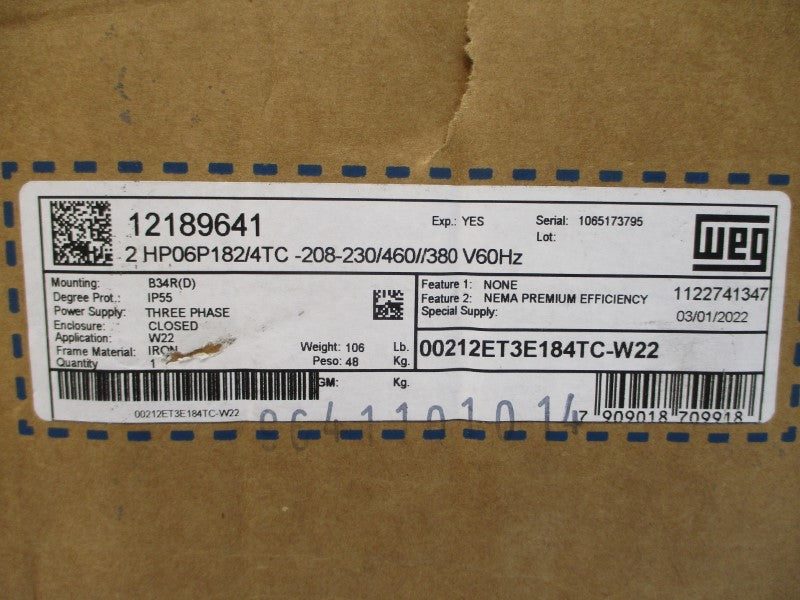 WEG 00212ET3E184TC-W22 230/460V 6.44/3.22A NSMP