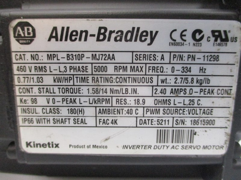 ALLEN BRADLEY MPL-B310P-MJ72AA SER. A 460VAC 2.40A REMAN