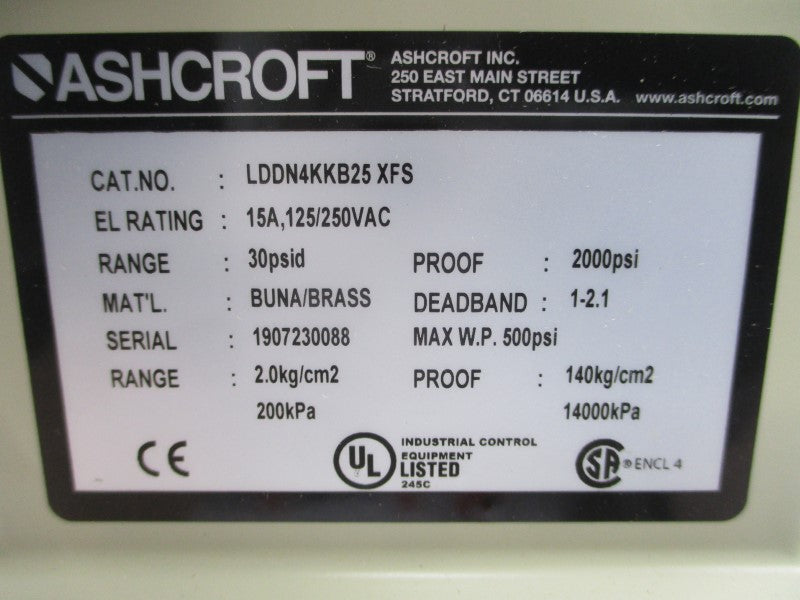 ASHCROFT LDDN4KKB25XFS 125/250VAC 15A 30PSI NSMP
